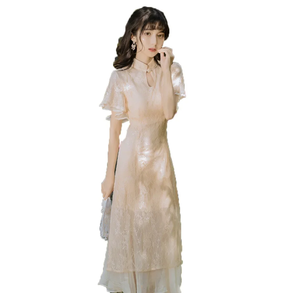 French Short Sleeve Long Vintage Style Qipao Daily Youth Edition Improved Dress for Girls 2024 New Cheongsam