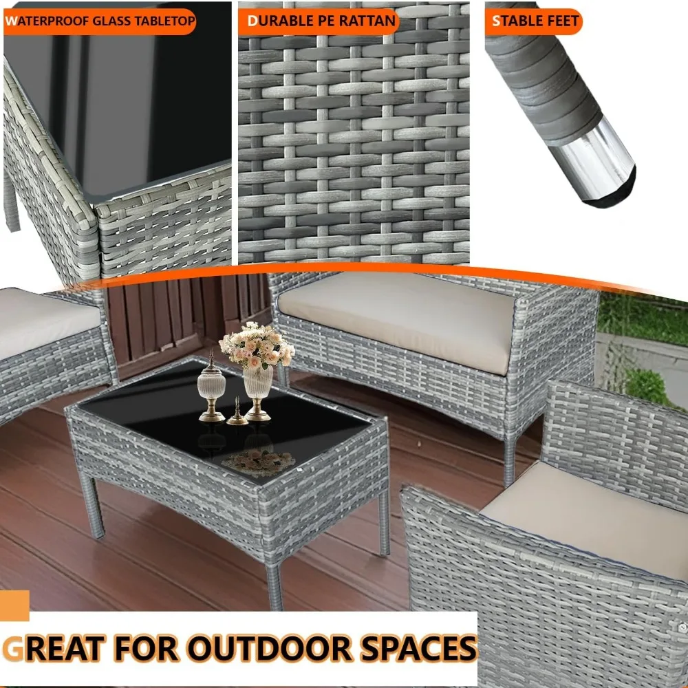 Set di mobili da terrazza da 4 pezzi, divano doppio in rattan, set per reception da esterno, dotato di tavolino da caffè e morbidi cuscini