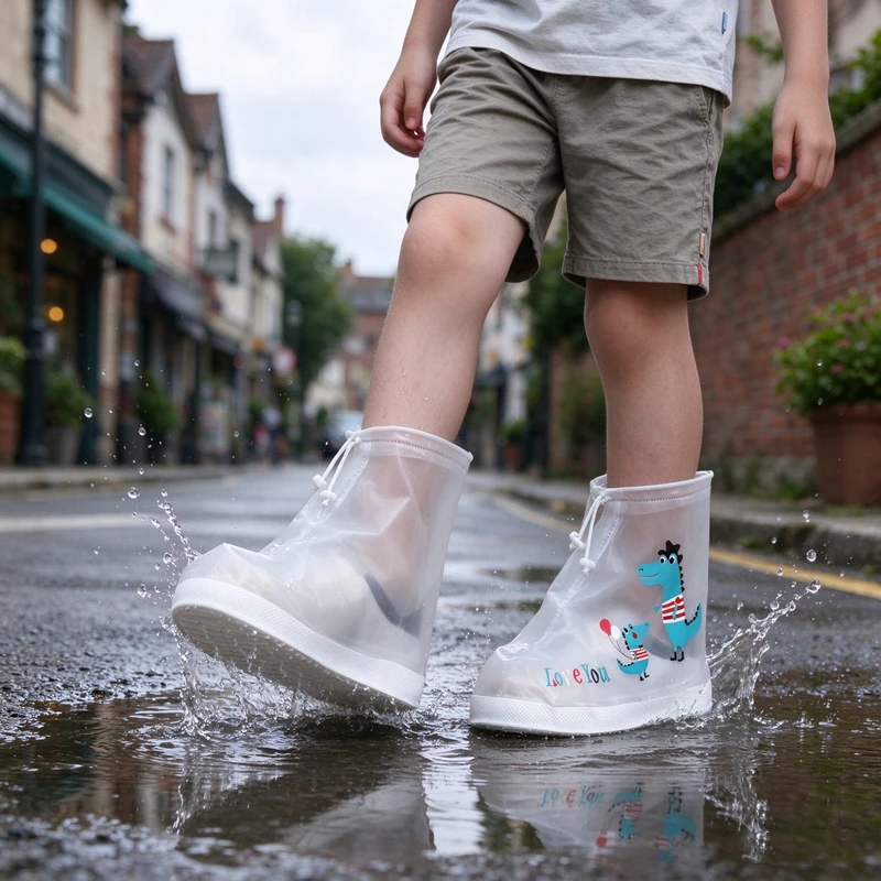 Kids Cartoon Dinosaur Waterproof Shoes Overshoes Galoshes Children Zipper Non-slip Elastic Rain Shoes Cover For Rain Boot