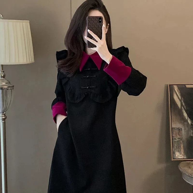 

New Chinese Style Button Dress Women's Autumn Winter Collection Slimming and Stylish Beautiful Bottom Layer Underneath Dresses