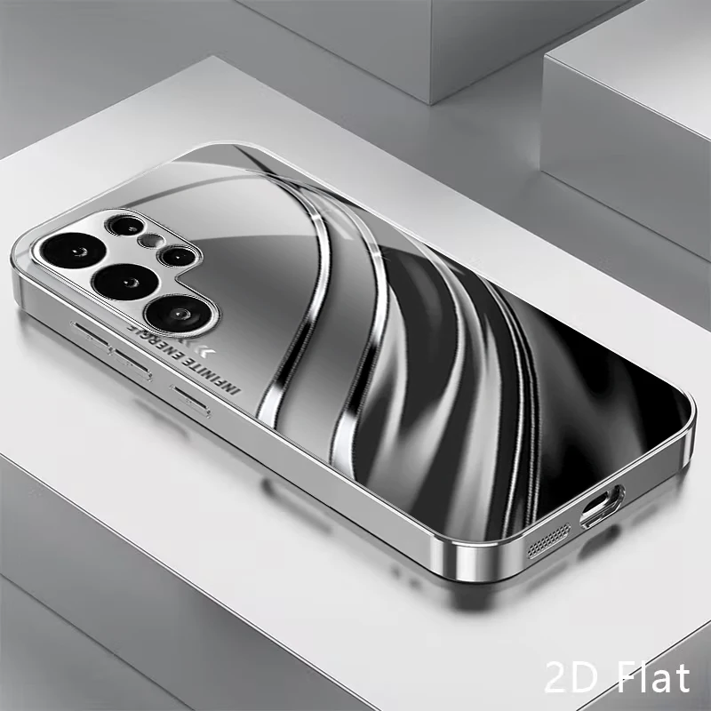 Silver Chrome Fluid Energy Ornament Pattern Electroplated Glass Phone Case for Samsung Galaxy S26 S25 S24 S23 S22 S21 FE/Plus/Ul