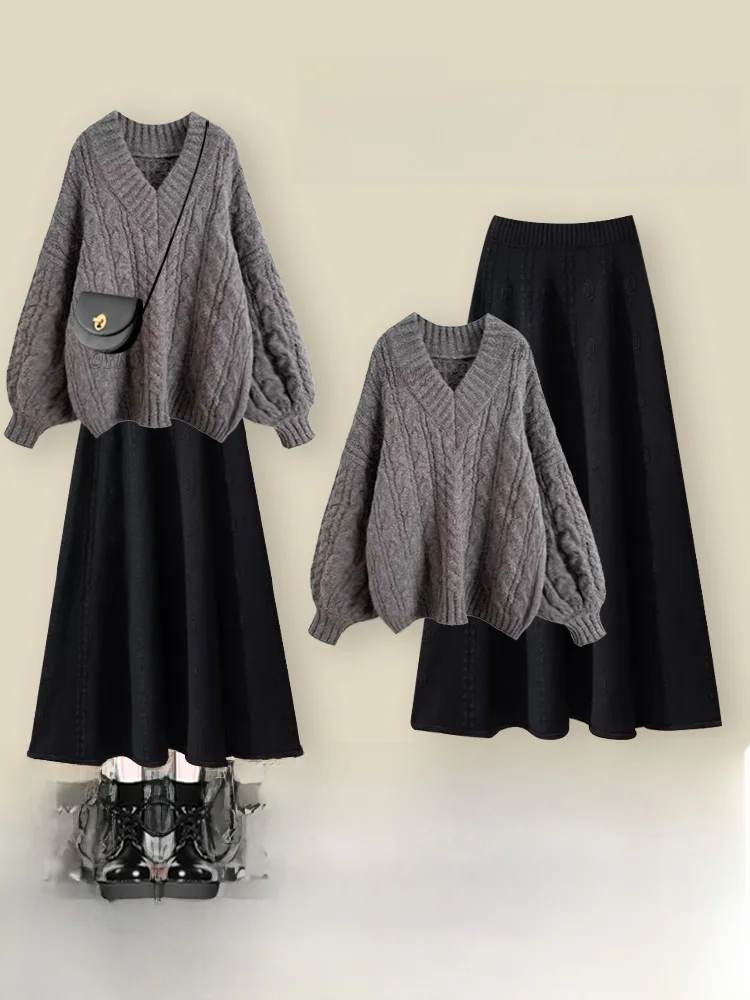 

Мягкий вязаный свитер и юбка-миди, винтажный зимний комплект Faion, свободный комплект с высокой талией, длинный комплект из двух предметов Sve V-Ne