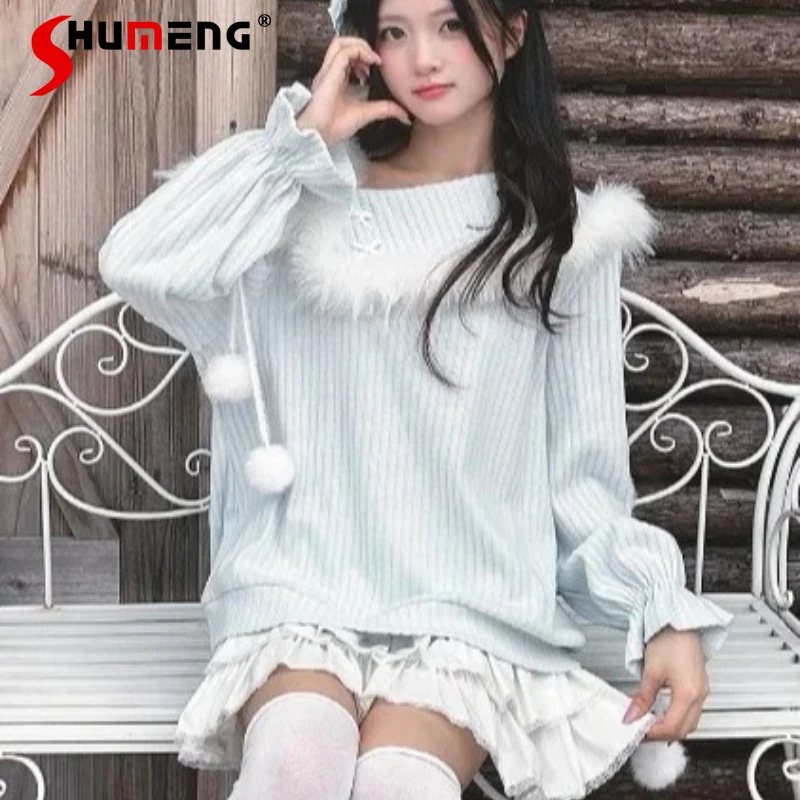 

Japanese Lolita Sweet Cute Design Sweet Autumn Winter Loose Off-Shoulder Knitted Top Knitwear Mini Short Cake Skirt For Girls