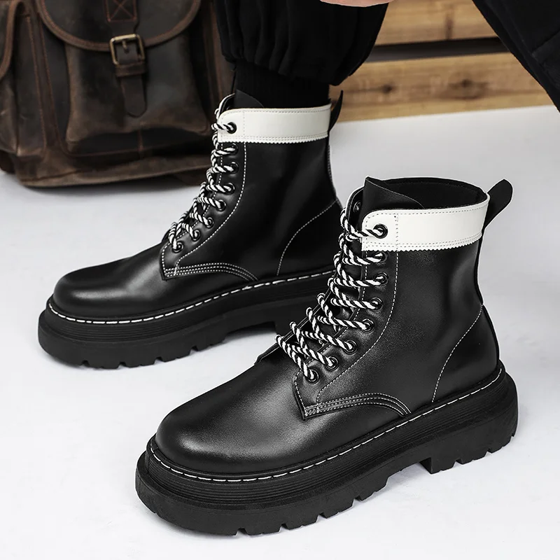 STRONGSHEN Men Boots High Top Fashion Motorcycle Ankle Boots Splicing Winter Boots Anti-slip Man Shoes Lace-Up Botas Hombre image 5