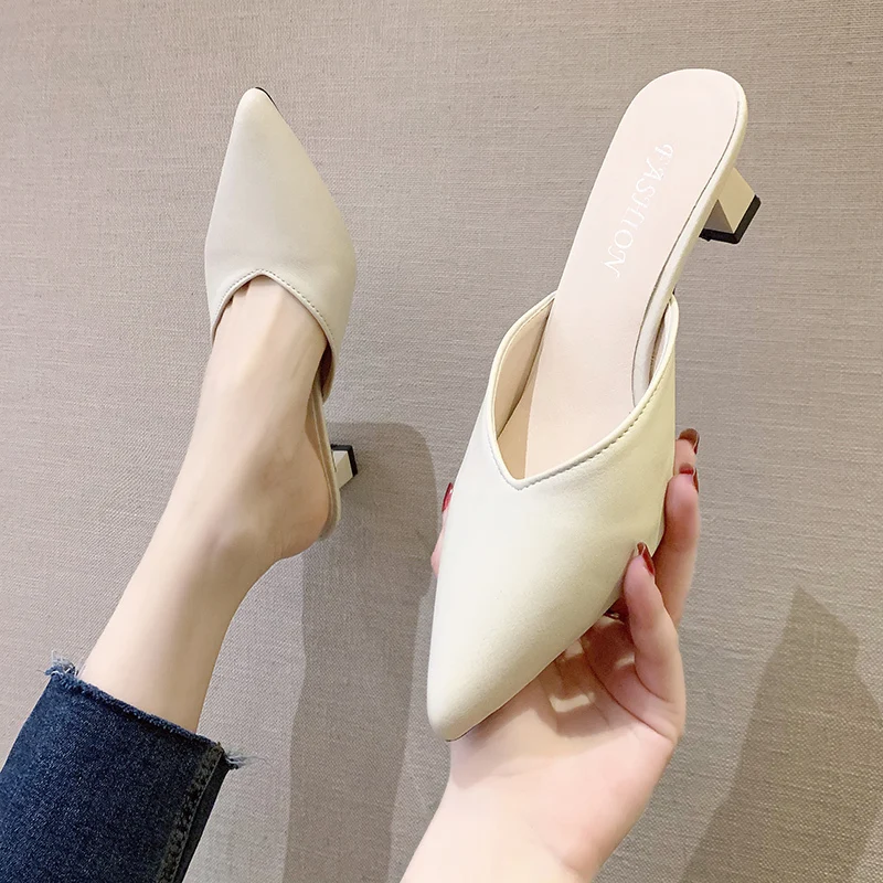 Summer Plus Size Women Kitten Heels Mules Slippers Fashion Silk Pointed Toes Med Heels Sweet Sandals Ladies Thin Heels