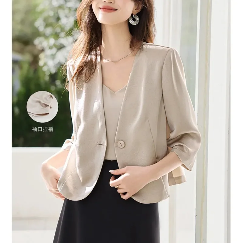 Women'S Satin Collarless Single Button 3/4 Sleeve Ruched Cuff Lightweight Casual