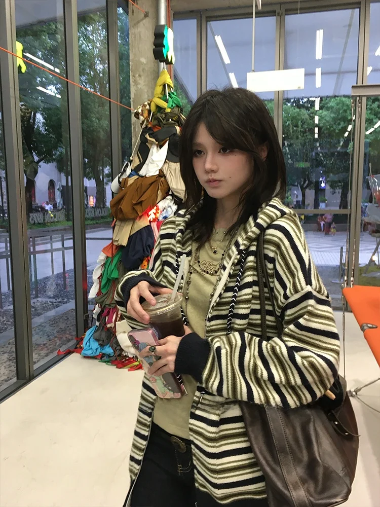 

Forlions Color Blo Striped Hoodie Loose oulder Long Sve Knitted ort Top Coat Vintage Sle Women's Cardigan