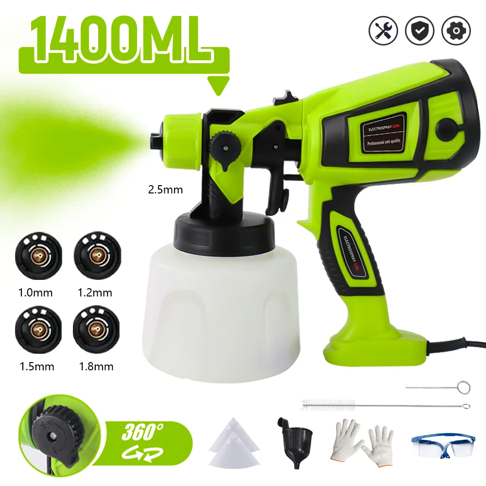 Pistolet pulvérisateur électrique 1400 ml, grande capacité, 5 tailles de buses, 850 W, pulvérisateur de peinture HVLP à siphon domestique, pulvérisation de voiture/meubles, aérographe de qualité industrielle