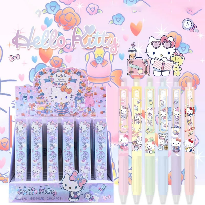 

24pcs/lot Kawaii Sanrio Kitty Press Gel Pen Cute 0.5mm Black Ink Press Signature Pens Promotional Gift School Supplies