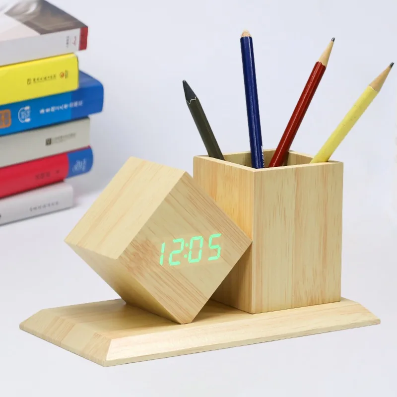 New Creative Multifunctional Wood Clock LED Intelligent Voice-activated Electronic Alarm Clock Wooden Digital Pen Holder Desk Cl