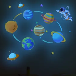 Luminous Astronaut Wall Stickers Kids Room Decor Glow In The Dark Planet Cartoon Cat Decals Fluorescent Rainbow for Home Switch