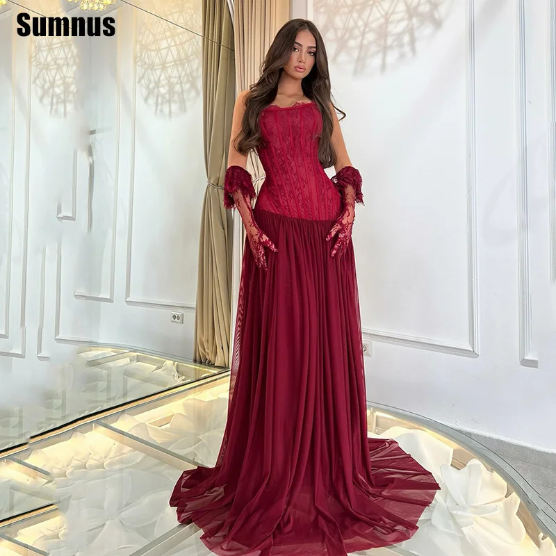 

Sumnus Elegant Red Prom Dresses Strapless Lace Draped Floor Length Chiffon Formal Gala Evening Dress Vestidos de noche