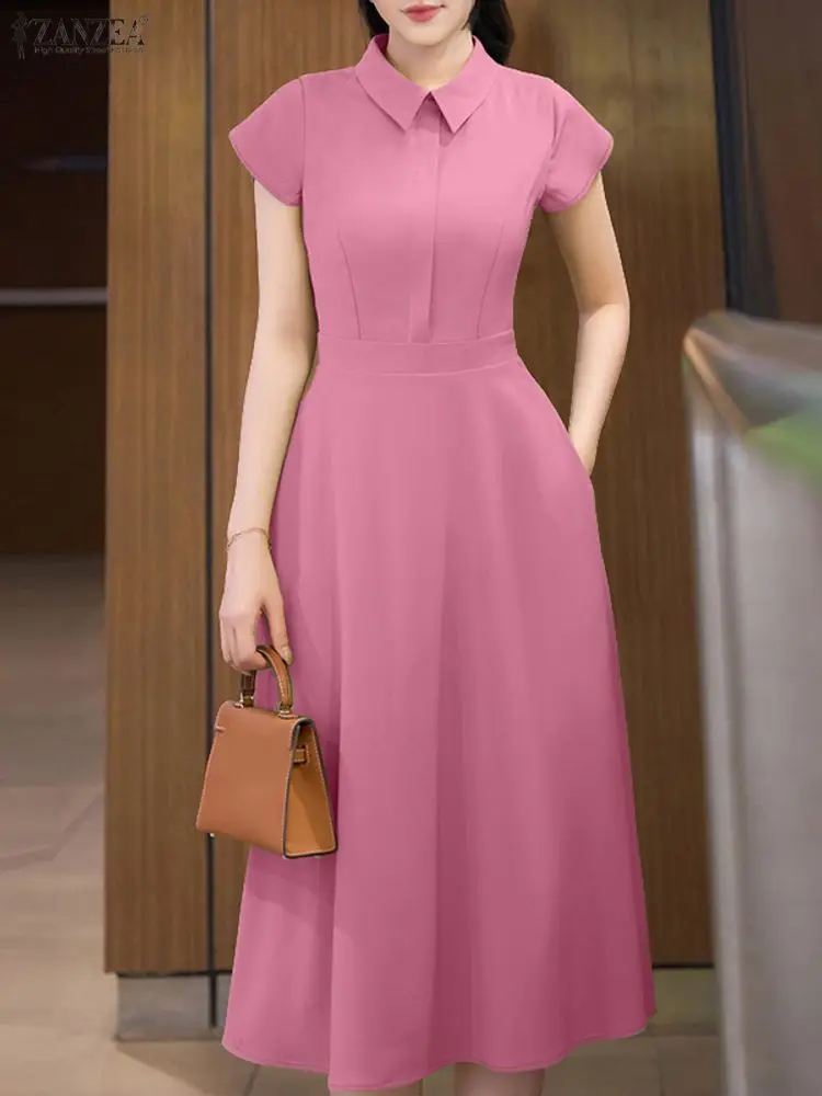ZANZEA エレガントな半袖ラペルネックオフィスサンドレス レディース 2025 夏服 おしゃれな無地OLワークミディドレス ウエストマークドレス
