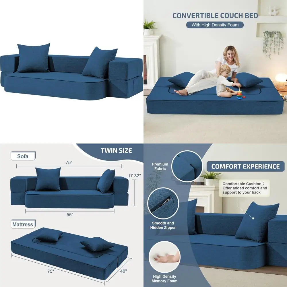 Sofá-cama conversível com travesseiros – Cadeira dobrável e sofá-cama com capa lavável e colchão de espuma viscoelástica