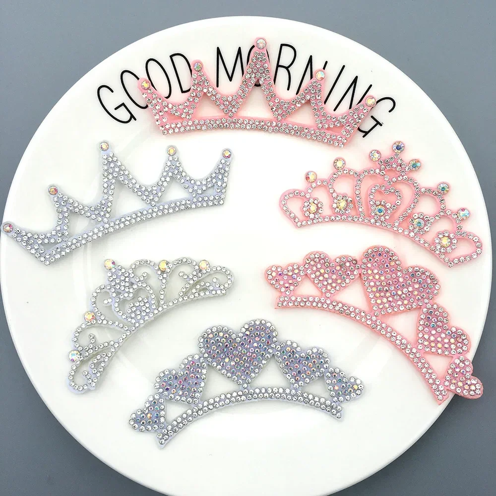 Silver Pink Cute Princess Rhinestone Crown Patches for Clothing Sew Glue on Clothes Sticker Applique Sewing Hairpin Accessories