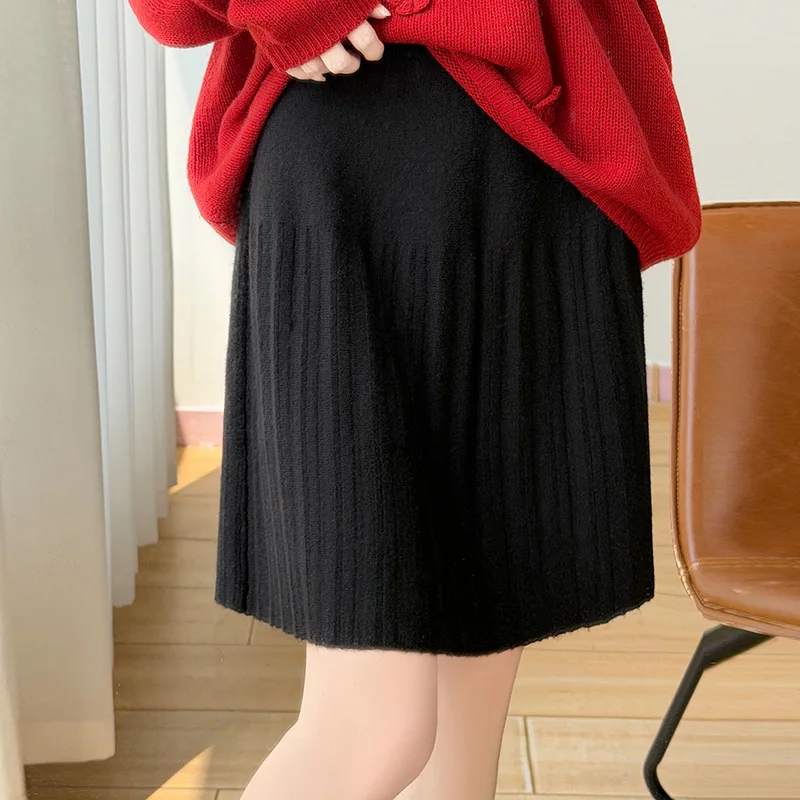 Ladies' 100% wool midi skirt trendy and fashionable knitted autumn and winter short style solid color women's wool skirt hot sel