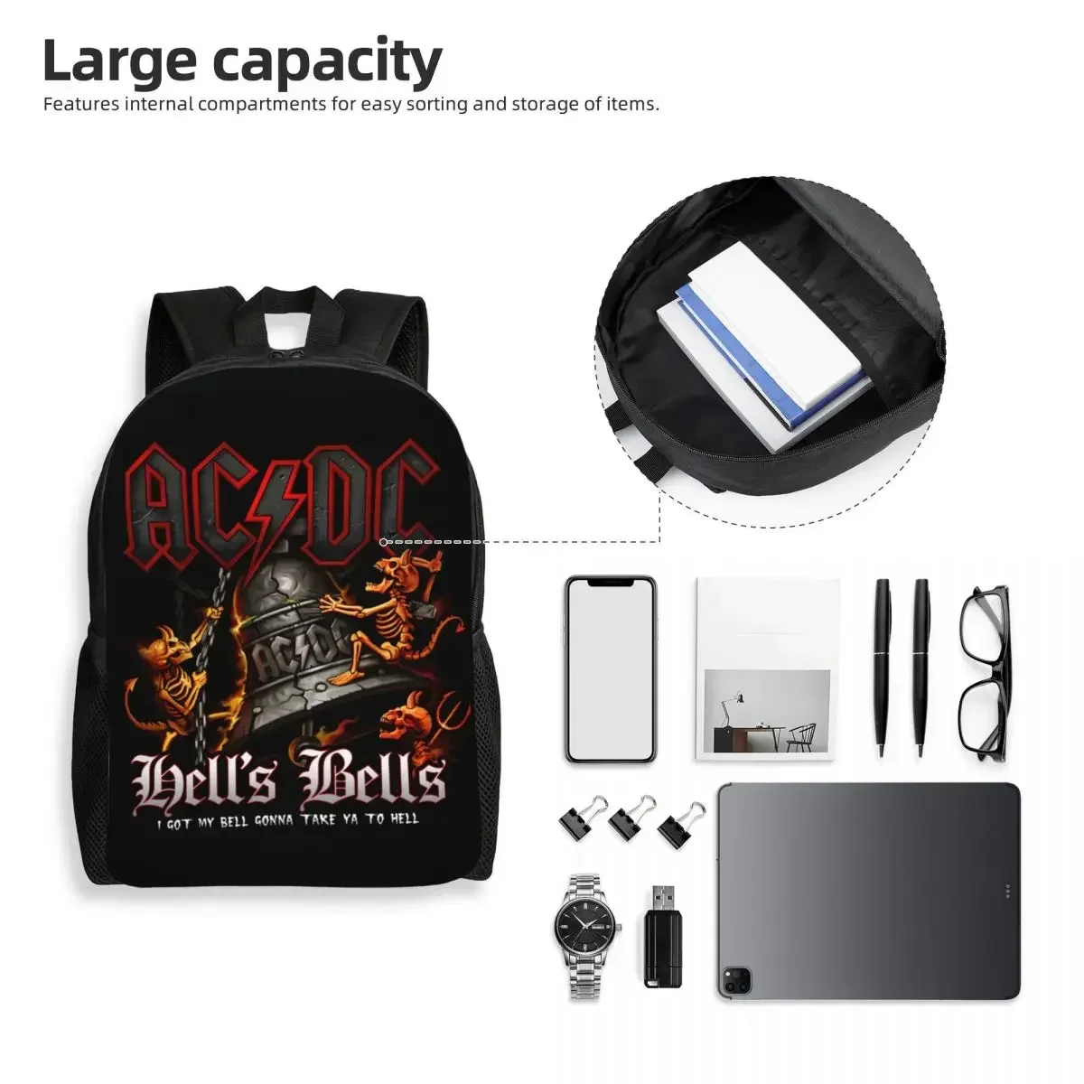 Hells Bells AC DC Backpacks for Women Men Water Resistant College School Vintage Rock Bag Printing Bookbags