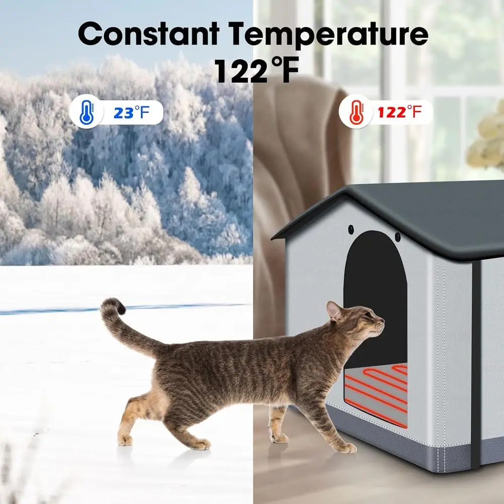 Weatherproof Outdoor & Indoor Heated Cat House with Pad, Suitable for Feral Cats & Small Dogs, 20x17x16 inches