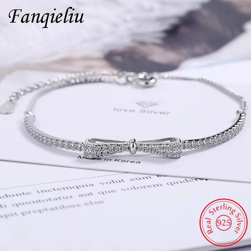 

Real 925 Sterling Silver Jewelry Original New Fashion Crystal Zircon Bow Bracelet For Women FQL20491