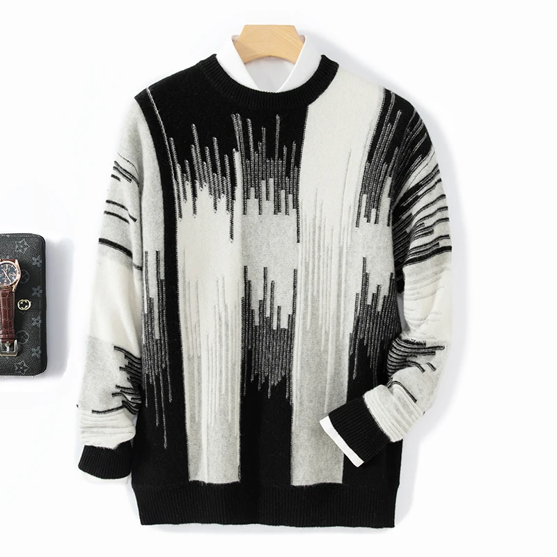 Autumn And Winter New 100% Pure Wool Men's Round Neck Contrast Thick Warm Sweater Loose Cashmere Knit Bottoming Shirt