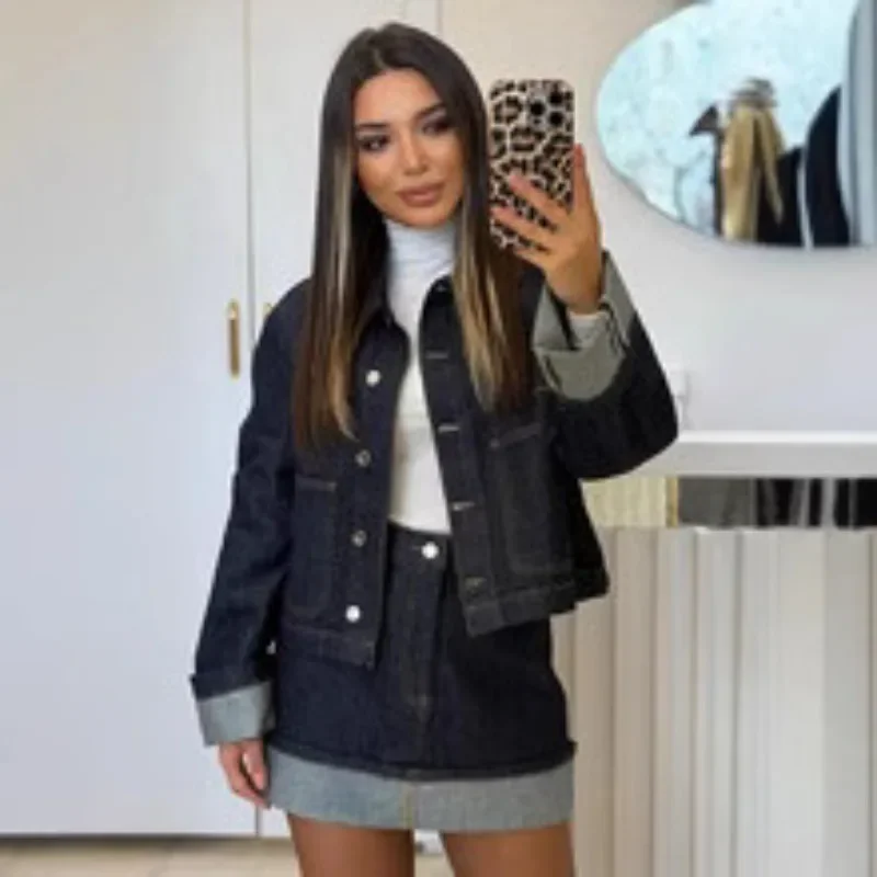 

Модные джинсовые комплекты с юбкой, женские однобортные свободные пальто с длинными рукавами и лацканами, мини-юбки, костюм, женский винтажный весенний наряд