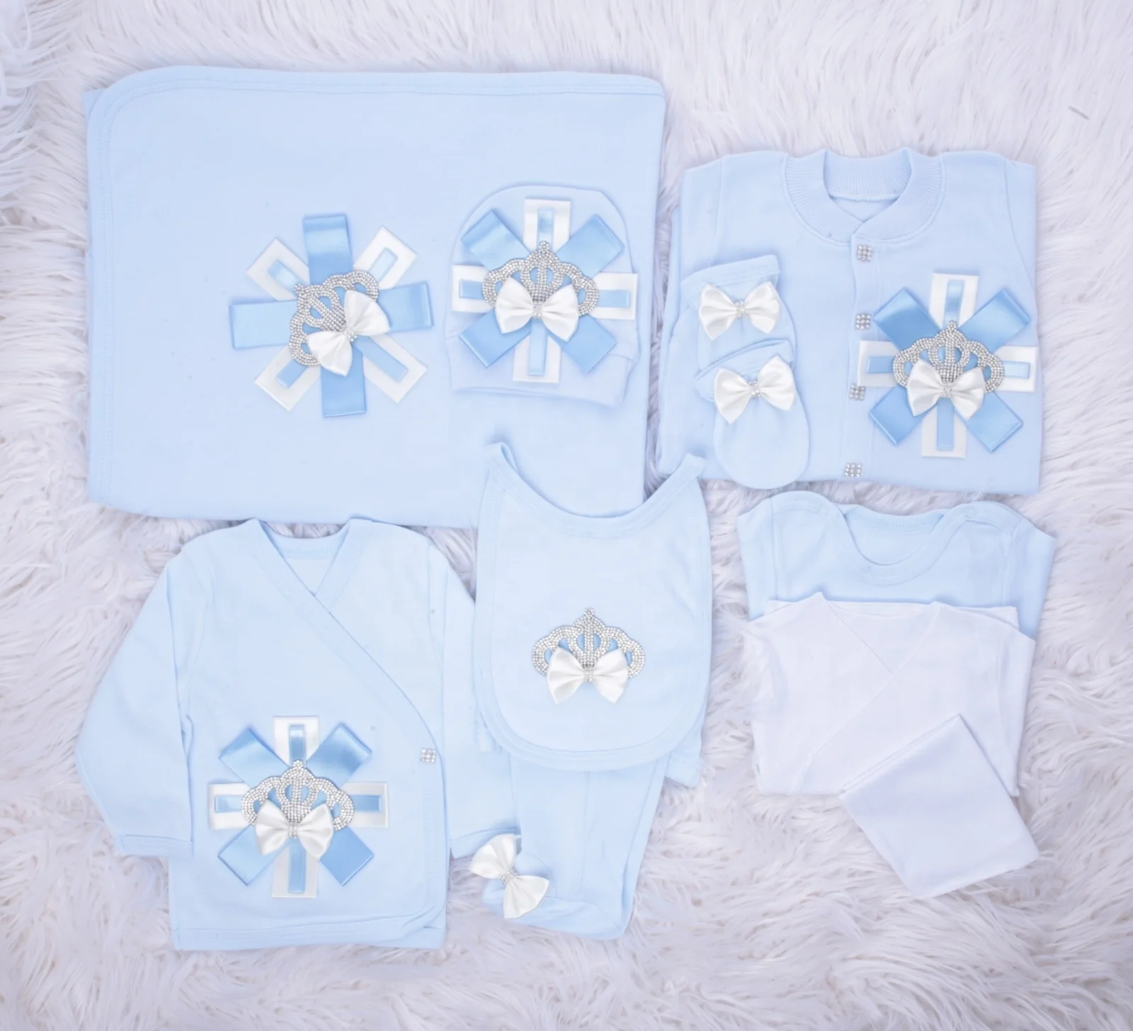 High Quality Modern Knitted Rompers Regular 10 Pieces Long Sleeve Blue Baby Boy Romper Set Newborn Clothes Set Baby Blanket