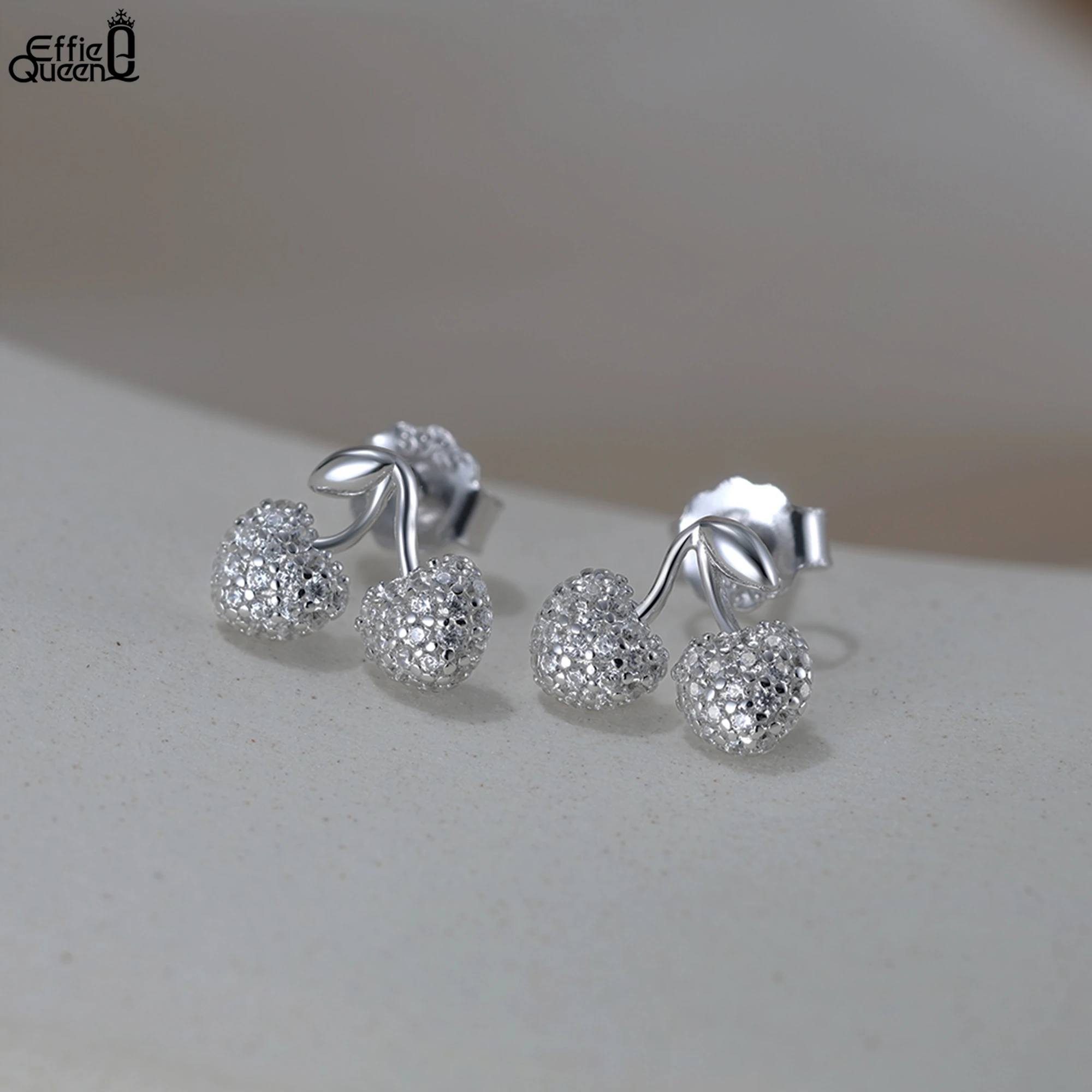 

Effie Queen 925 Sterling Silver Cute Cherry Stud Earrings With AAAA Cubic Zirconia Delication Fruit Style Girl's Present APE146