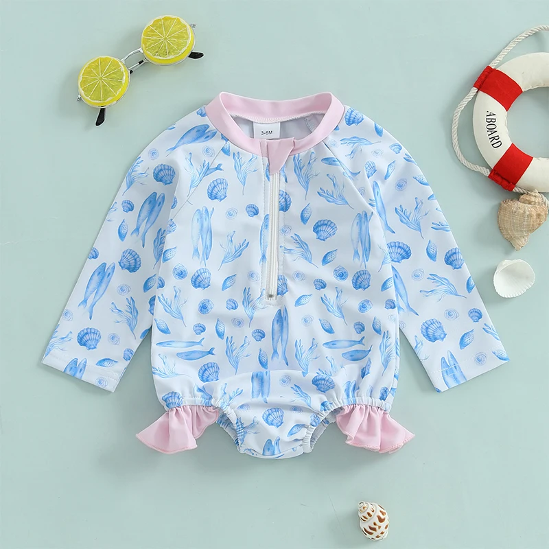 Toddler Girls Rash Guard Swimsuit Shell Fish Water Plant Pattern Ruffled Zip Up Long Sleeve Crew Neck Baby Girls Swimwear