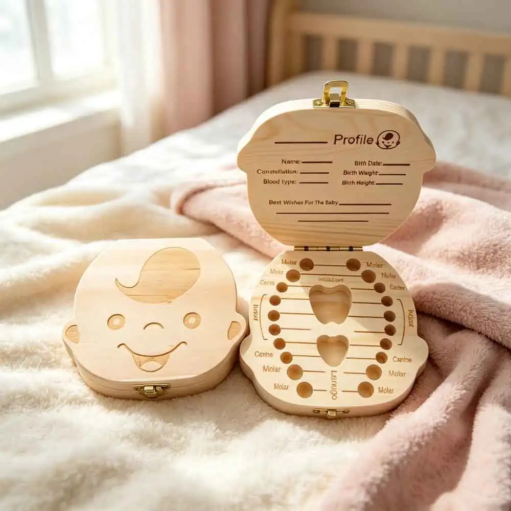 vvocciGerman Wooden Kids Milk Teeth Organizer Storage Gifts Keepsakes Boys Girls Baby SouvenirsBaby Tooth Box SpanishDutchFrench