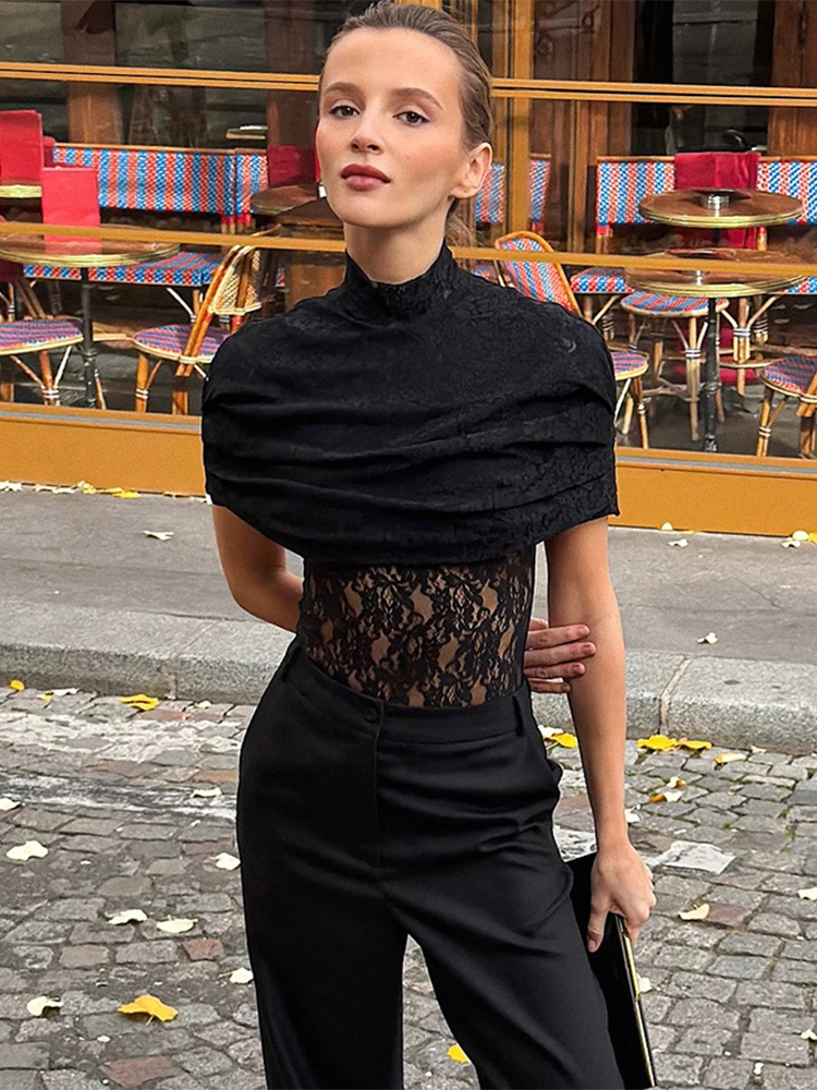 

Trendix Hollow Out Lace Tops For Women Fashion High Neck Black See Through Shirts 2026 New Vintage Party Sexy Cover Up Top Femme