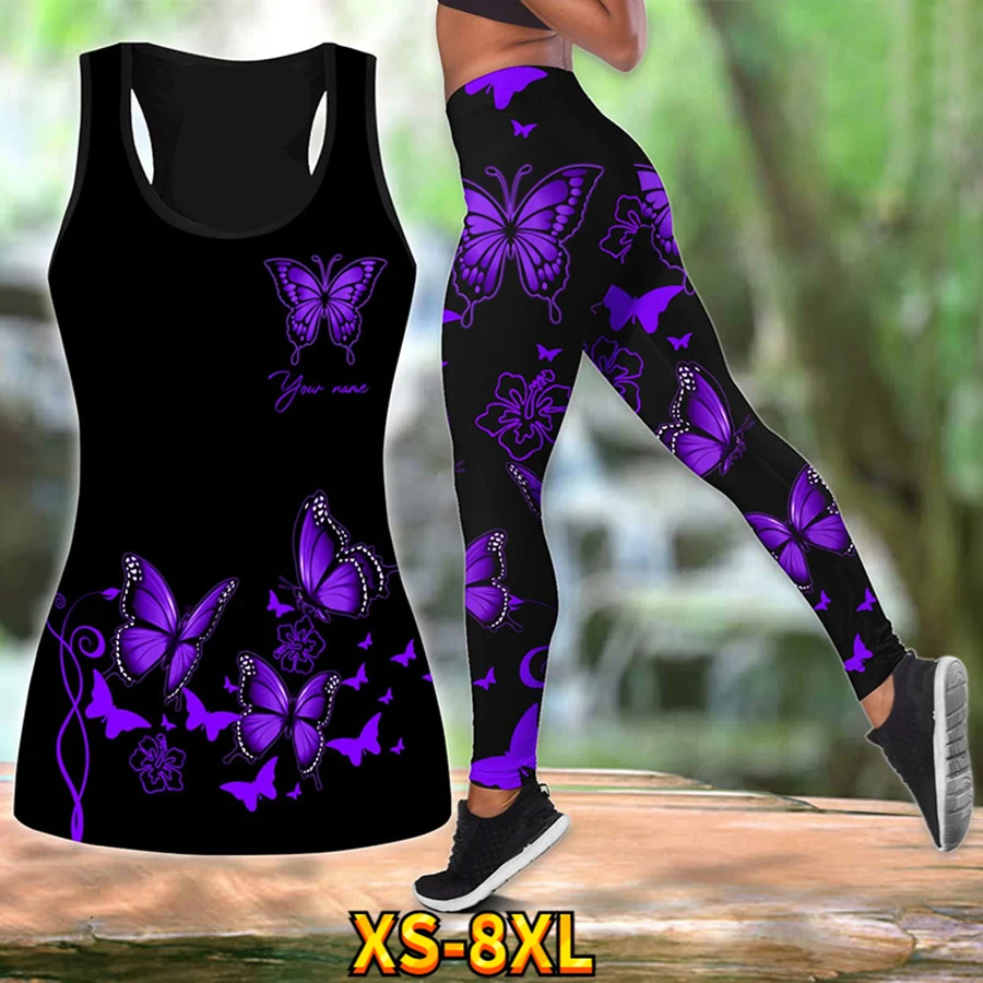 Ladies Butterfly Print Top Vest Set Summer Ladies Travel Gym Exercise Yoga Pants Quick Dry Plastic Butt Breathable XS-8XL