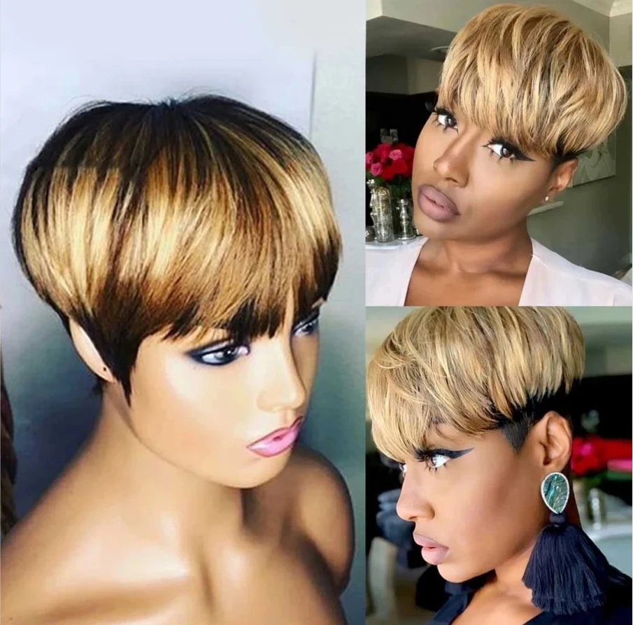 180D Pixie Cut Wigs 1b/27 Human Hair Ombre Pixie Wigs for Black Women 100% Human Hair Short Wigs Cheap Wigs Full Machine Made