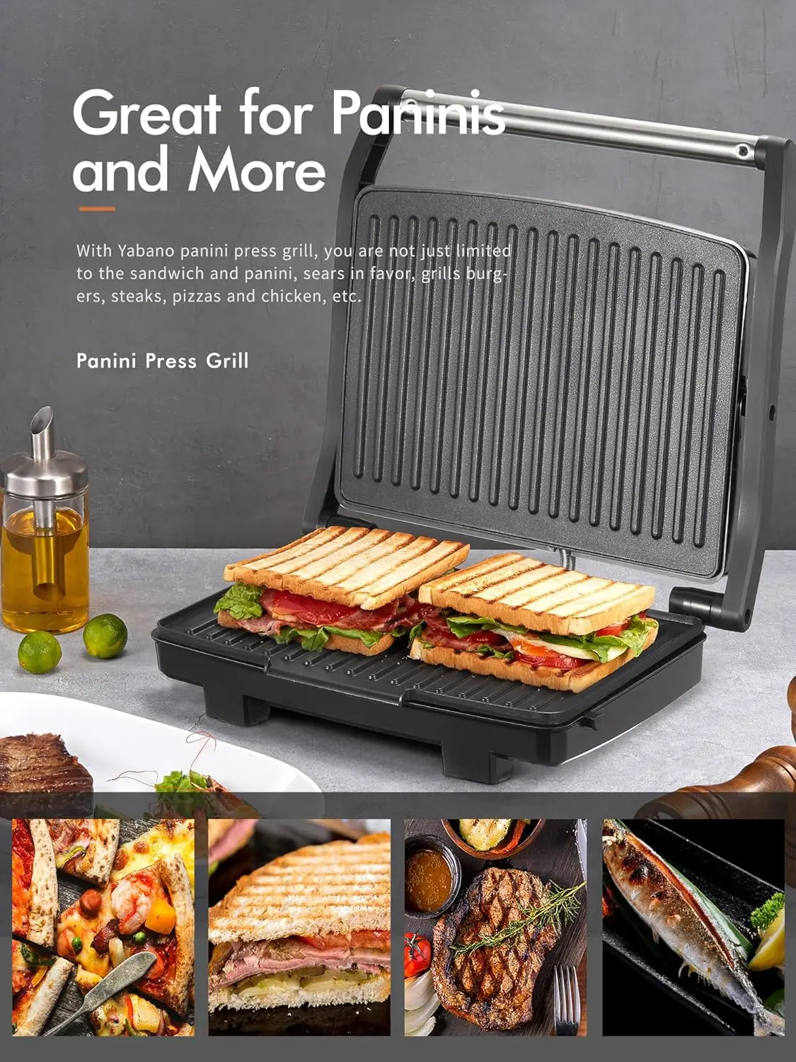 Panini Press Grill, Gourmet Sandwich Maker, Elektrische binnengrill met antiaanbaklaag en verwijderbare lekbak, Gemakkelijk te gebruiken