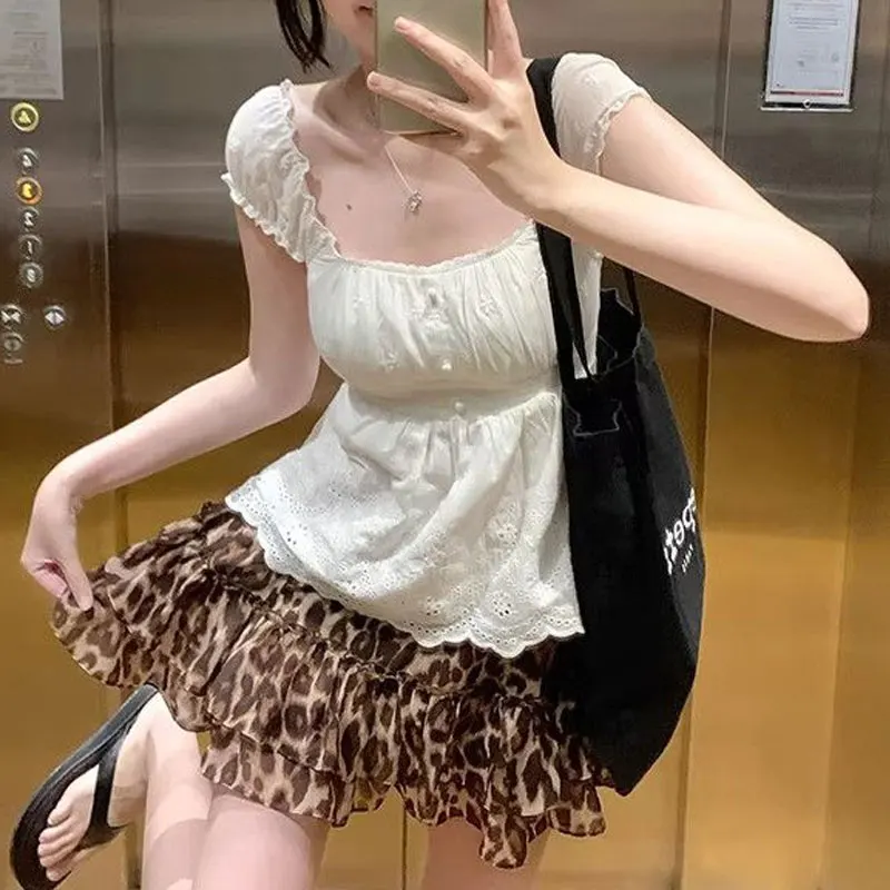 

French Style Sweet Square Collar Short Blouse Female Clothing Solid Color Summer Puff Sleeve Lace Stylish Hollow Out Slim Shirts