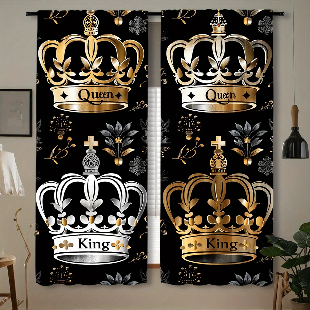 Luxury King Queen Crown Curtain, Gold Black Royal Pattern Blackout Drapes Noble Palace Style Window Treatment for Master Bedroom