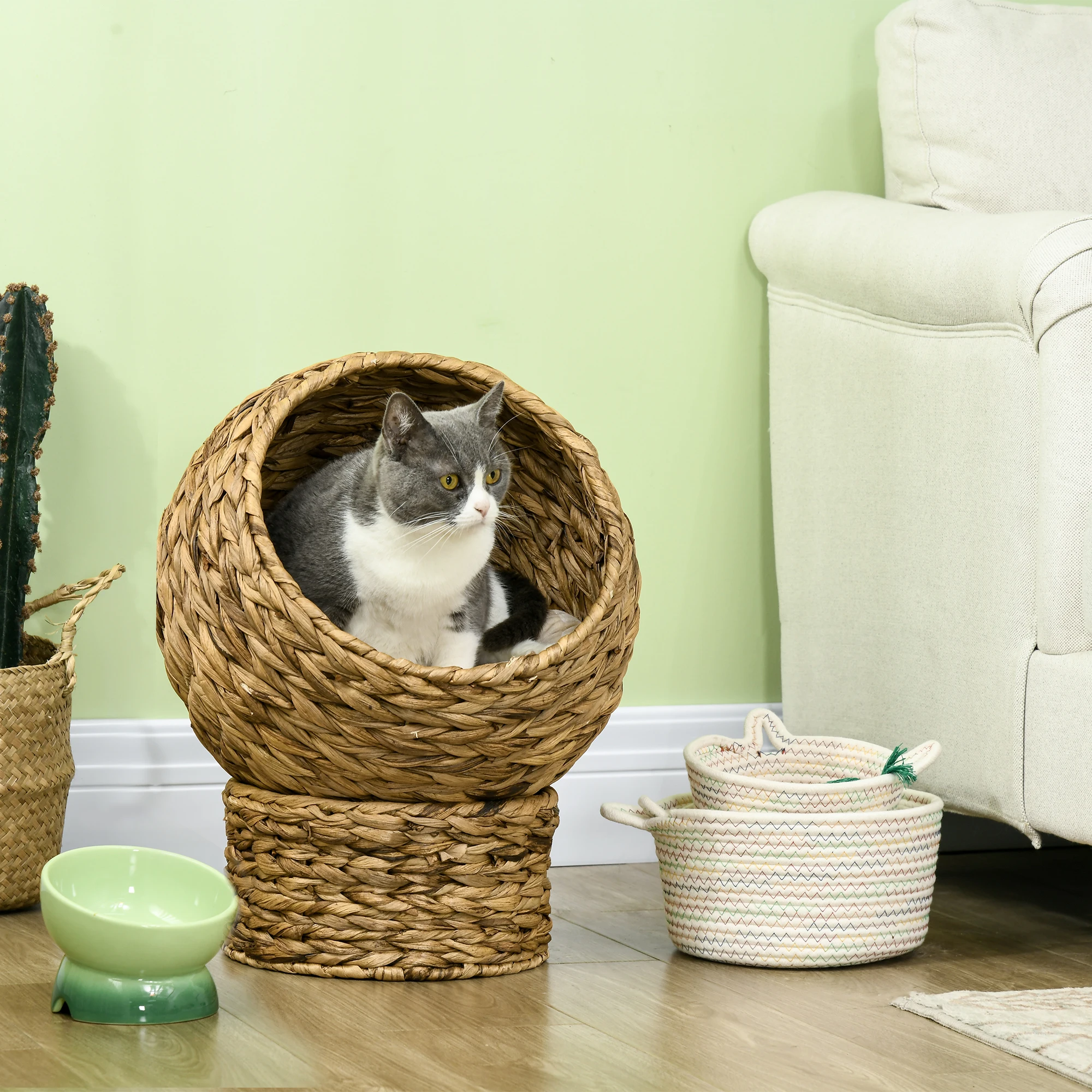 PawHut mand voor kat, gezellige Felin verhoogde slaapplek, kattengrot, optimaal comfort, dimbaar. 40L x 37l x 51H cm, inclusief zacht beige kussen