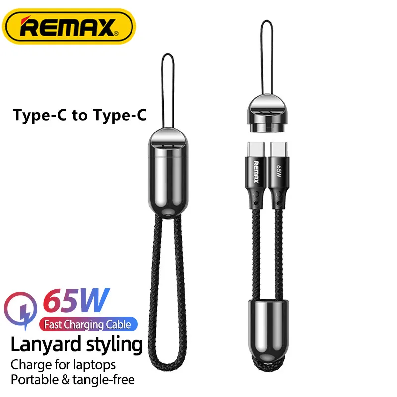 Remax 65W Protable Lanyard Data Cable Type-C to Type-C High Power Fast Charge Cable For Phones/Laptops/Tablets 12cm Length