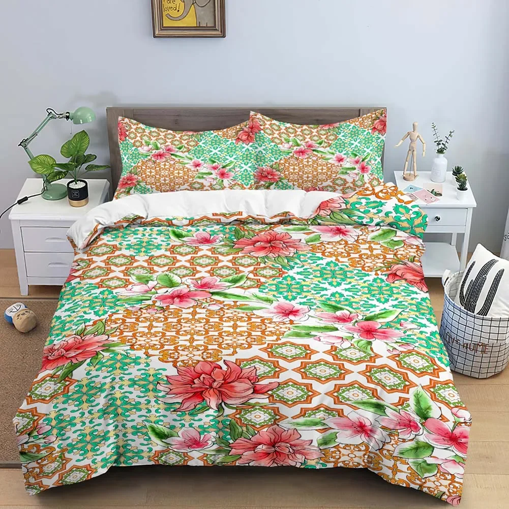 Geometric Flower King Queen Duvet Cover Bohemian Mandala Bedding Set Ethnic India Quilt Cover Colorful Floral Comforter Cover