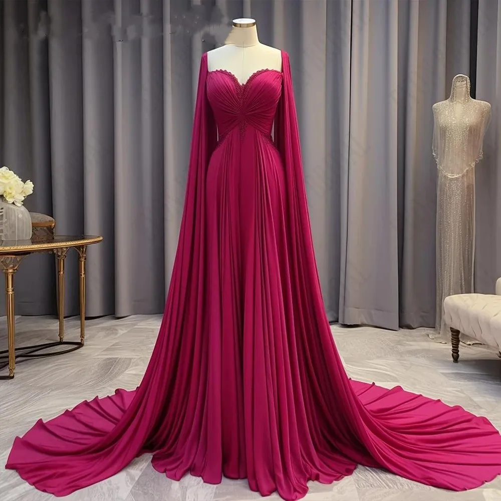 Elegant Red Chiffon A-Line Arabic Fuschia Sweetheart Evening Gowns Long Cape Sleeves Formal Occasion Dresses 2023 For Women