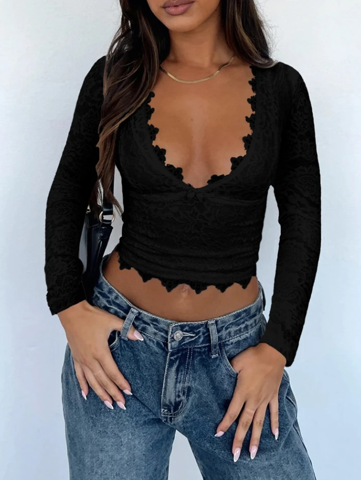 Women's fashionable and sexy deep V-hollow sweet and spicy lace pullover top for autumn 2025 new women's clothing