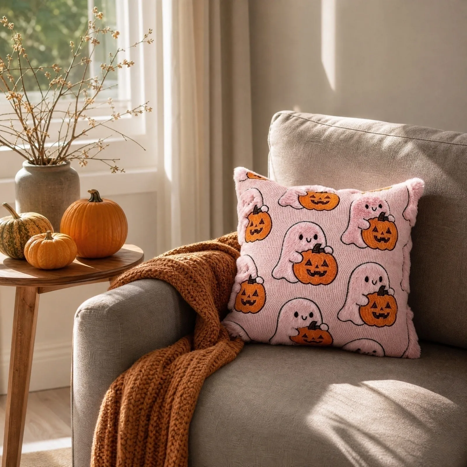 1 PC Cute Halloween Ghost Pumpkin Pillowcase 50*50cm Square Pillow Cover Halloween Cushion Case for Holiday Home Decor