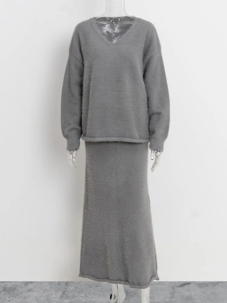 Mohair Knitted Sweater And Fishtail Skirt Sets Vintage Autumn Winter Two Piece Set Long Skirts 2024 New Casual Loose Women Suit