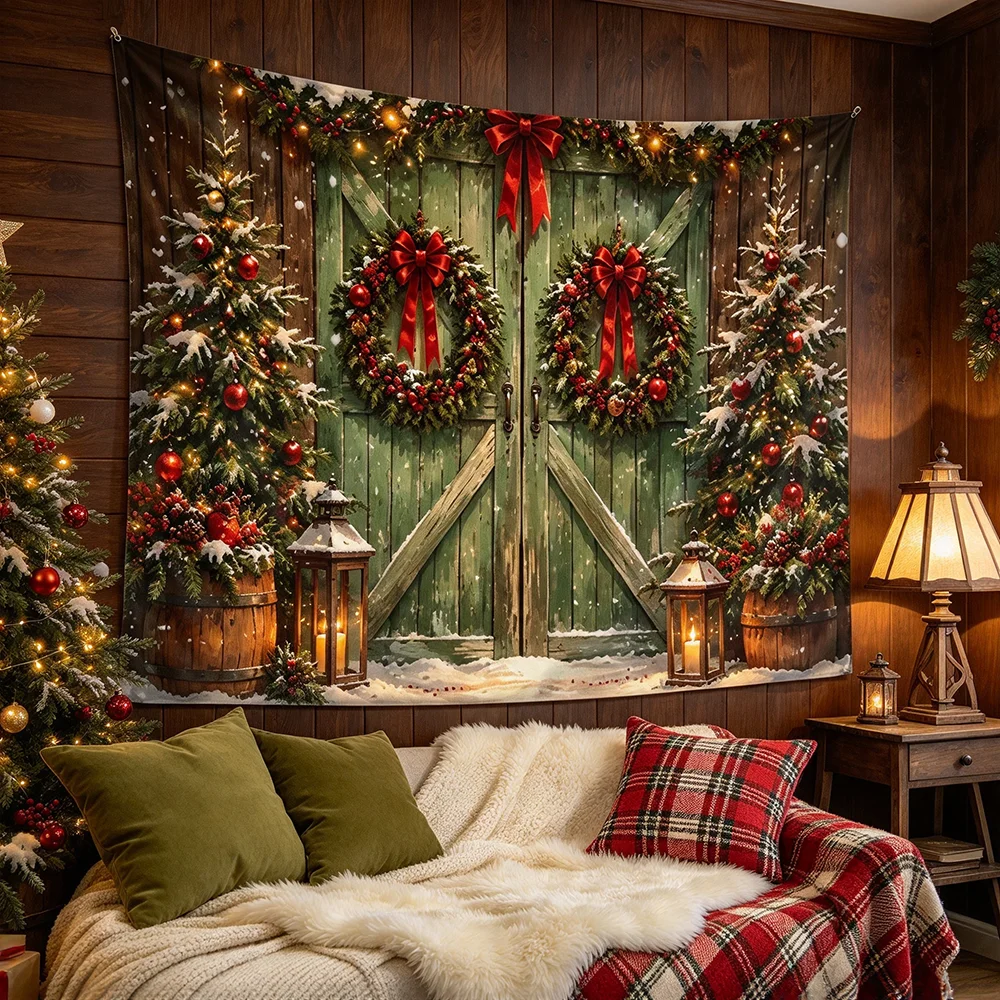 1PCS Tapestry, Green Wooden Door Wreath Bow Christmas Tree Scene, Holiday Party Decoration for Home Studio Wall