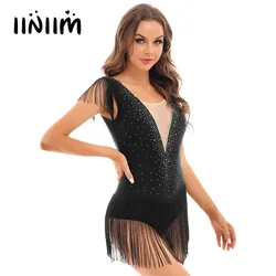 Womens Figure Skating Dance Competition Costume Shiny Rhinestone Tassel Skirted Leotard Bodysuit Cha-cha Samba Latin Dancewear