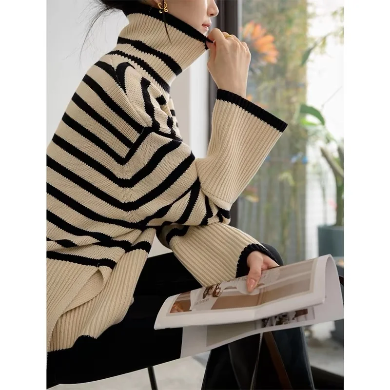 Striped Turtleneck Sweater Women\'s Long-sleeved Loose Outer Slit Top Warm Thickened Knit Casual Streetwear Tops