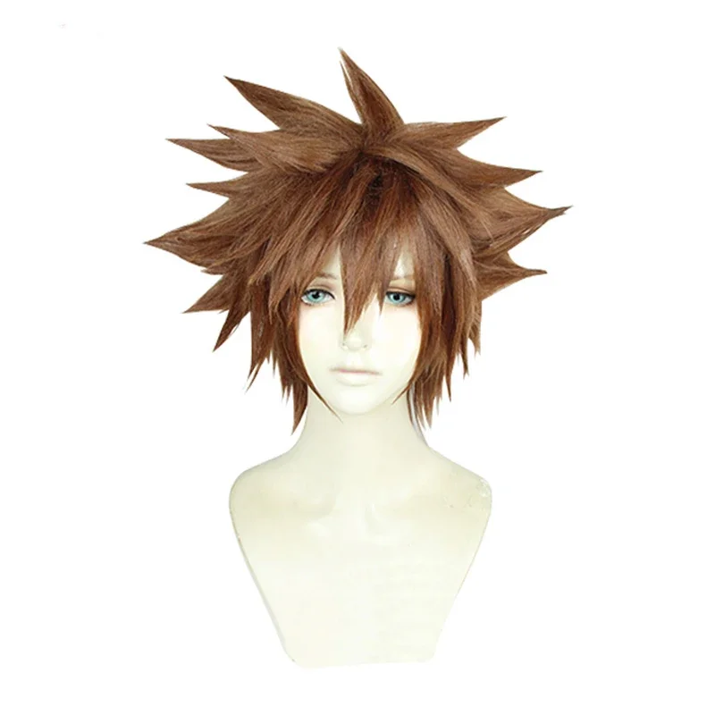 KINGDOM HEARTS 3 Sora Short Brown Yellow Heat Resistant Hair Cosplay Costume Wig   Track   Wig Cap