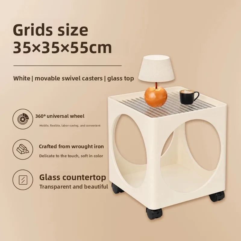 Rolling Pet-Friendly Nightstand Cat Bed Cream Finish Multi Storage Side Table Wheels Bedroom Small Space