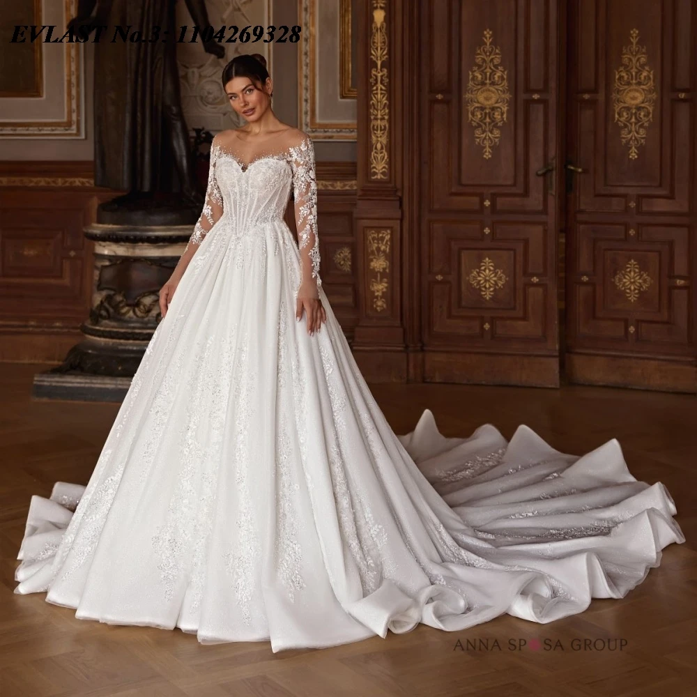 

EVLAST индивидуальное романтическое свадебное платье трапециевидной формы с открытыми плечами и кружевной аппликацией, расшитое кристаллами и бисером свадебное платье Vestidos De Novia E3WA65