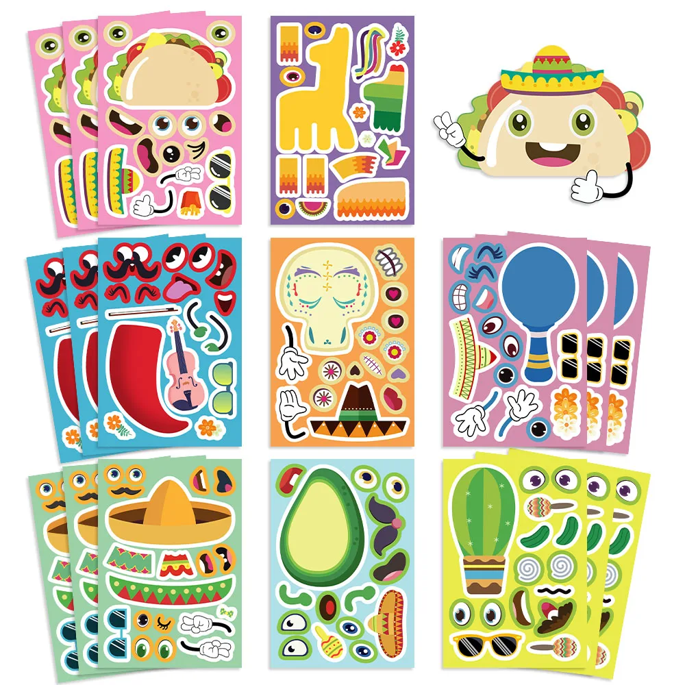 8/16/24Pcs Make a Face Stickers Mexican Carnival Gift of Festival Reward Art Craft Party Favors School Puzzle DIY Sticker