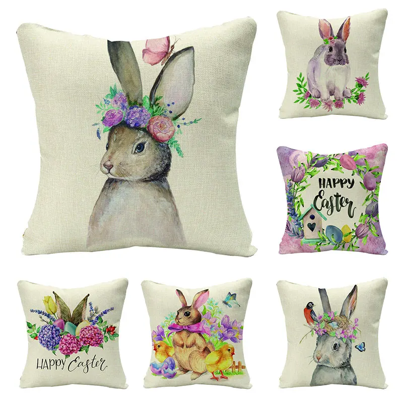 

Easter Farmhouse Decoration Cushion Cover 45x45cm Bunny Flower Egg Wreath Printed Flax Pillow Cover for Sofa Home Pilloecasse